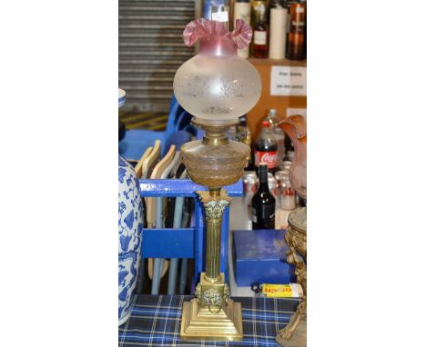 PARAFFIN LAMP WITH COLOURED GLASS SHADE &amp; GLASS FUNNEL    