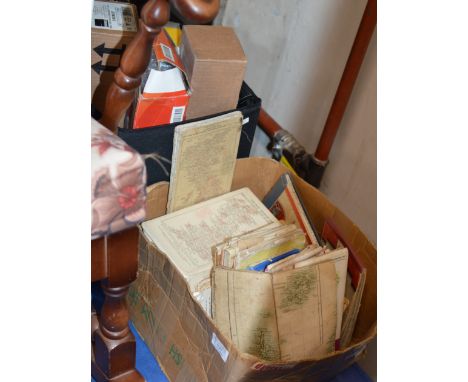 2 BOXES WITH VARIOUS OLD MAPS, ASSORTED LIGHT FITTINGS ETC    