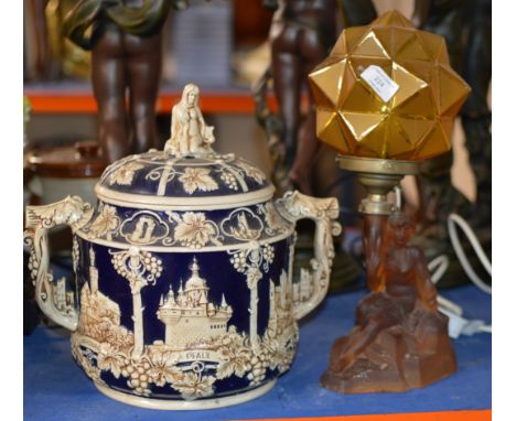 DECORATIVE ART DECO STYLE LAMP &amp; LARGE DOUBLE HANDLED POTTERY JAR    
