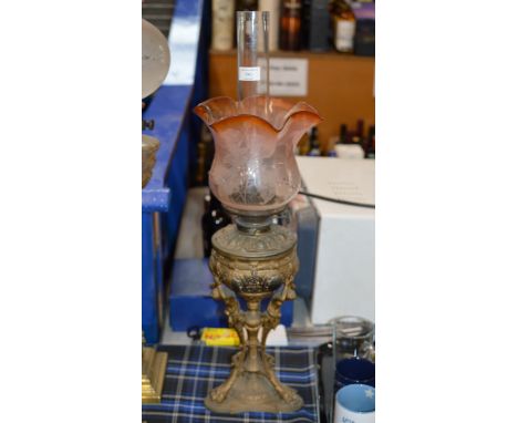 PARAFFIN LAMP WITH COLOURED GLASS SHADE &amp; GLASS FUNNEL    