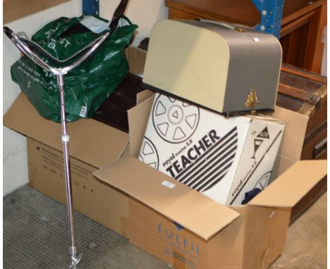 2 BOXES WITH OLD PROJECTOR, SHOOTING STICK, MASONIC STYLE APRON, RECORD PLAYER ETC    