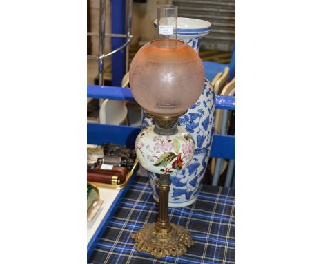 PARAFFIN LAMP WITH COLOURED GLASS SHADE &amp; GLASS FUNNEL    