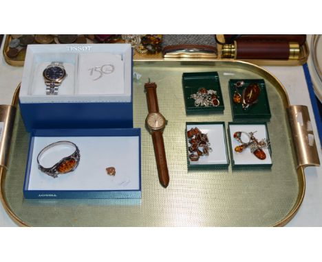 TRAY WITH VARIOUS SILVER &amp; AMBER JEWELLERY, VINTAGE ROAMER GENTS WATCH, TISSOT WRIST WATCH IN BOX &amp; SMALL 9CT GOLD HE