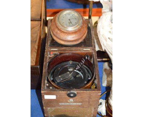 KELVIN HUGHES COMPASS UNIT &amp; SMITHS WOODEN CASED CLOCK    