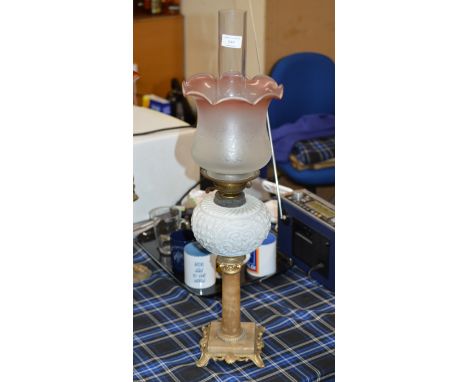 PARAFFIN LAMP WITH COLOURED GLASS SHADE &amp; GLASS FUNNEL    