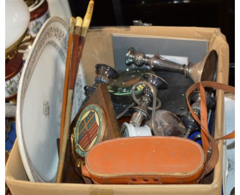 BOX WITH RIDING CROPS, BINOCULAR CASE, CERAMIC LIDDED JAR, DECORATIVE PLAQUES ETC    