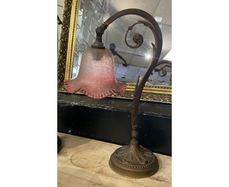 EDWARDIAN BRASS TABLE LAMP WITH CRANBERRY SHADE