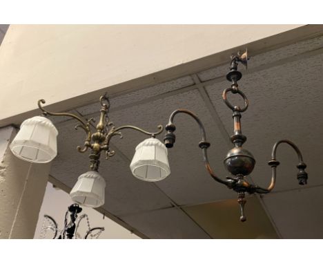 EDWARDIAN BRASS &amp; GLASS SHADE CEILING LIGHT WITH ANOTHER (WITHOUT SHADE)