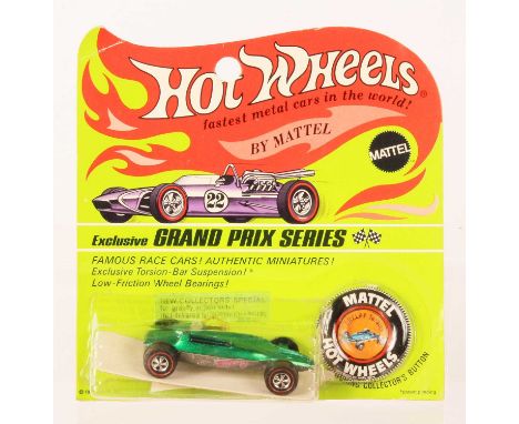 Hot Wheels Redline Shelby Turbine Spectraflame Green, black interior, blue tinted screen, 1969 Hong Kong base, some toning &a