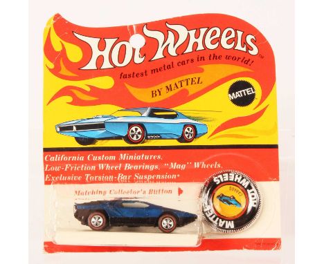 Hot Wheels Redline Carabo Spectraflame blue, yellow stripe to front, brown interior, blue tinted windows, Hong Kong base, ton
