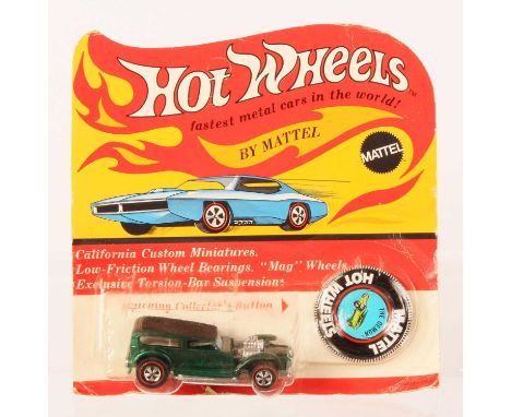 Hot Wheels Redline The Demon Spectraflame Green with black roof, off white interior, blue tinted windscreen, 1969 Hong Kong b