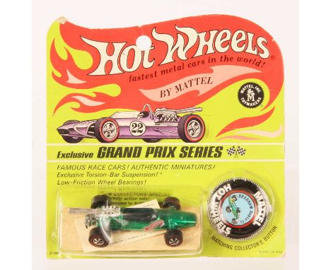Hot Wheels Redline Brabham Repco F1 Spectraflame Green, black interior, blue tinted screen, 1969 Hong Kong base, toning &amp;