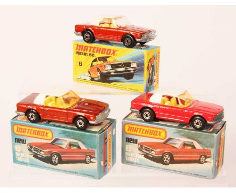 Matchbox Superfast 3 x 6b Mercedes 350SL - all are white plastic roof, PALE YELLOW INTERIOR, bare metal base, 5-arch wheels -