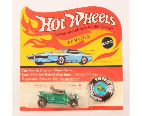Hot Wheels Redline Hot Heap Spectraflame Green, light brown interior, blue tinted screen, 1967 Hong Kong base, some toning &a