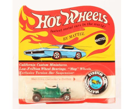 Hot Wheels Redline Hot Heap Spectraflame Green, white interior, blue tinted screen, 1967 Hong Kong base, toning &amp; heavy p