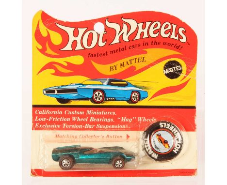 Hot Wheels Redline Turbofire Spectraflame Aqua, off white interior, clear windscreen, 1968 USA base, comes with tin collector