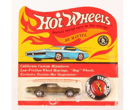 Hot Wheels Redline Custom Eldorado Spectraflame Olive with black roof, white interior, blue tinted windows, 1967 Hong Kong ba