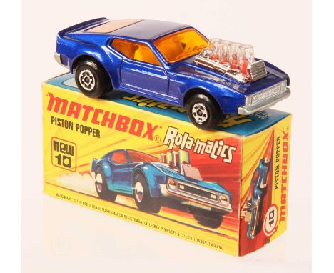 Matchbox Superfast 10b Piston Popper - metallic dark blue body, dark amber windows, white interior, RARE SILVER PAINTED BASE 