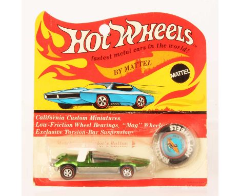Hot Wheels Redline Swingin' Wing Spectraflame green, white interior, clear windows, 1969 USA base, some toning to body, comes
