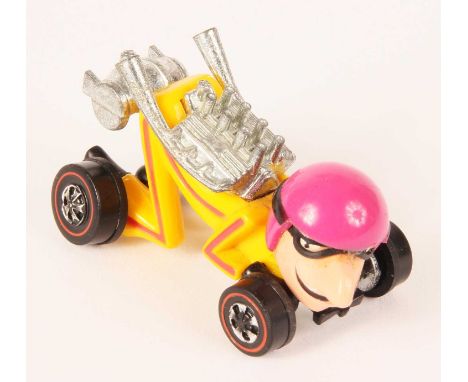 Hot Wheels Redline Farbs - Myles Ahead. Yellow body, magenta stripes & helmet, black boots, 1972 Hong Kong base, some tarnish