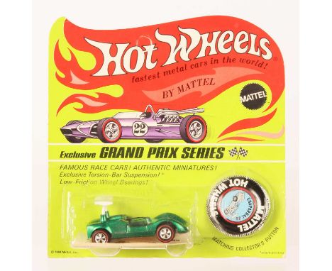 Hot Wheels Redline Chaparral' 2G Spectraflame Green, black interior, blue tinted screen, 1968 Hong Kong base, some toning &am