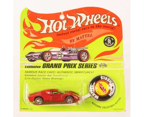 Hot Wheels Redline Ford Mk IV Enamel Red, black interior, blue tinted screen, 1968 USA base, comes with label sheet &amp; tin