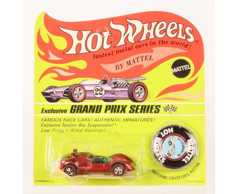 Hot Wheels Redline Chaparral' 2G Spectraflame Red, black interior, blue tinted screen, 1968 Hong Kong base, some toning &amp;