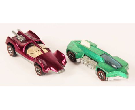 Hot Wheels Pair of loose Redline cars. (1) Mantis - Spectraflame Magenta, Champagne interior, clear glass, 1969 USA base; (2)