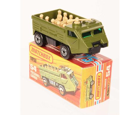 Matchbox Superfast 54c Army Personnel Carrier - military green body, lighter tan soldiers &amp; gun, dark green windows, matt