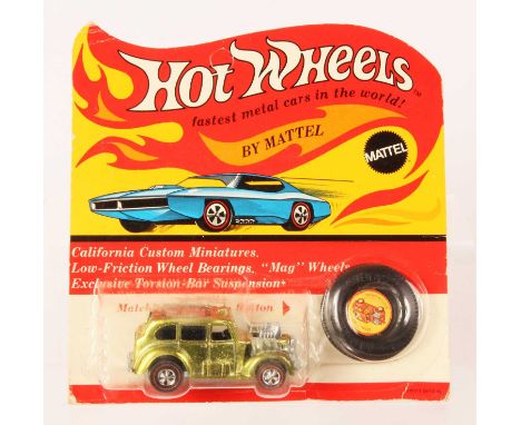 Hot Wheels Redline Cockney Cab - Spectraflame Lime green, black interior, clear windows, 1970 USA base, comes with black plas