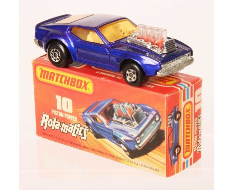 Matchbox Superfast 10b Ford Mustang Piston Popper - metallic dark blue body, RARE LIGHT AMBER WINDOWS, white interior, bare m