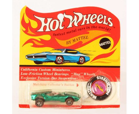Hot Wheels Redline Torero Spectraflame Green, off white interior, clear windscreen, 1969 USA base, comes with tin collector b