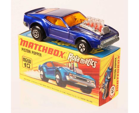 Matchbox Superfast 10b Piston Popper FACTORY FIRST TRIAL RUN WITH SUPERFAST BASE - metallic dark blue body, dark amber window