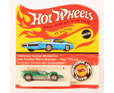 Hot Wheels Redline Mantis Spectraflame Green, brown interior, blue tinted windows, 1969 USA base, comes with tin collector bu