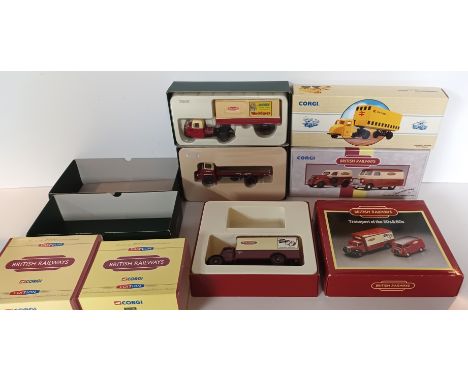 FIVE CORGI BRITISH RAILWAYS VANS AND TRUCKS INC. CC11001 THAMES FLATBED, CC11301 SCAMMELL SCARAB, 97749 FORD POPULAR AND BEDF