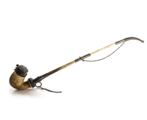 A Victorian long stem meerschaum pipe, in the alpine style but with London hallmarks to the silver mounts 48cm L