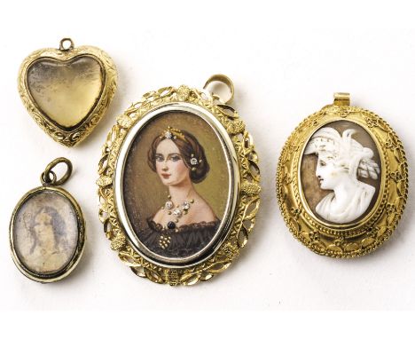 A group of four pendants, including one with a portrait of a lady in ornate mount, marked 750 to bale, one cameo example, AF,