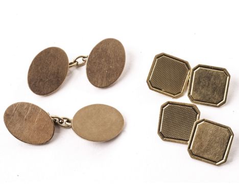 Two pairs of 9ct gold cufflinks, one with plain oval panels united by chain links, the other set with engine turned square pa