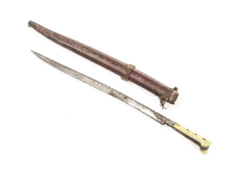 A 19th century Khyber knife, with bone handle and silver mounts, sheathed in a red Moroccan bound wooden scabbard 58cm L
