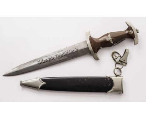 An early German Third Reich SA Dagger, the double edge steel blade etched Alles fur Deutschland and with maker`s mark for R.H