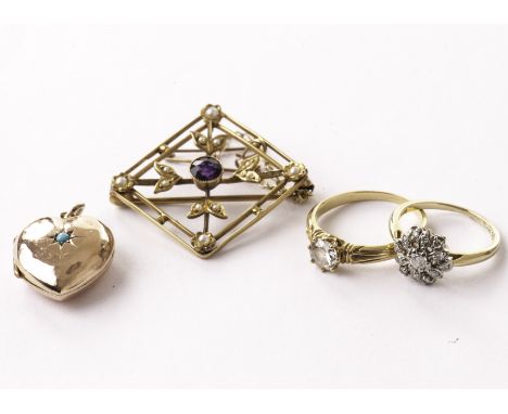 An Edwardian 9ct gold amethyst and seed pearl brooch, together with an 18ct gold marked cluster style ring, a heart shaped lo