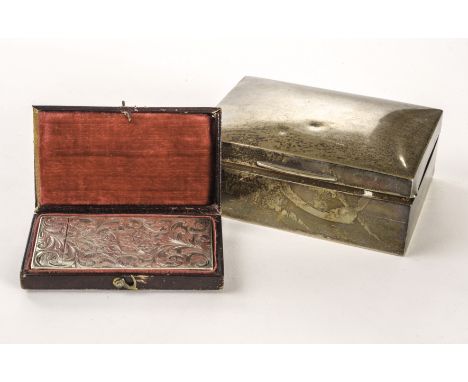 A Victorian silver calling card case, dated Birmingham 1852, with engraved outer in fitted case, AF, together with a George V