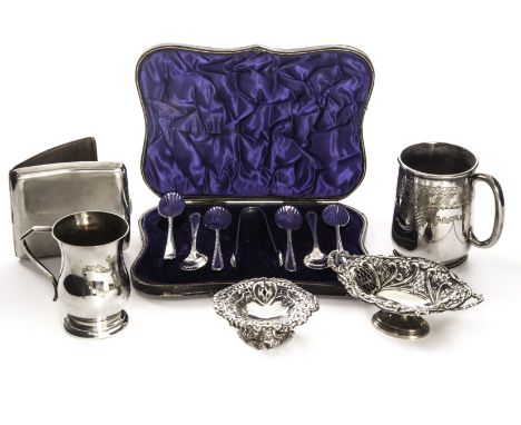 A collection of silver and silver plated items, to include two Victorian silver embossed bon bon dishes, a silver cigarette c