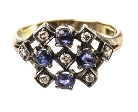 A sapphire and diamond dress ring, the Art Deco style ring set with four round cut sapphires and brilliant cuts in a pierced 