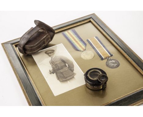 A framed pair of WWI medals, awarded to Lieut Ralph Fox 51st & 105th Foot Kings Own Yorkshire Light Infantry, framed with a p