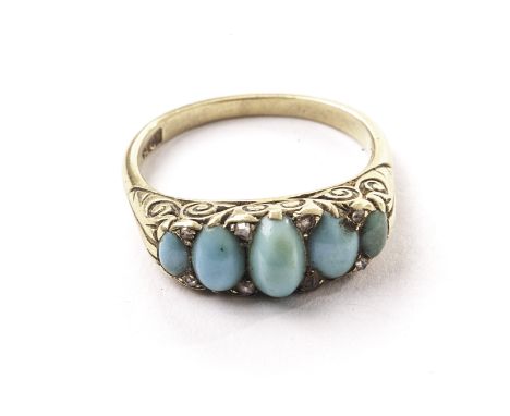 A Victorian 18ct gold and turquoise five stone ring, having graduated light blue stones and small rose cut diamonds to scroll