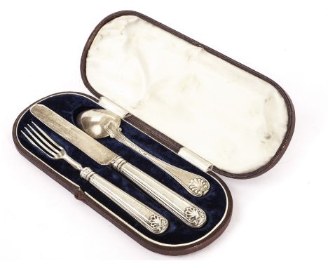 A William IV & Victorian silver Christening set, presented in a fitted case containing fork, knife and spoon, with Sheffield 