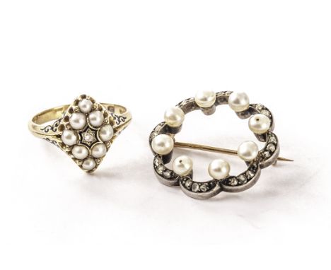 An 18ct pearl and diamond dress ring, of lozenge form and with enamel detailing to the diamond mount and shoulders, together 