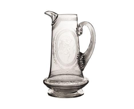 A 19th century Stourbridge crystal jug, marked 1868 and by Thomas Webb, the wheel cut engraving depicting winged Hermes 23cm 