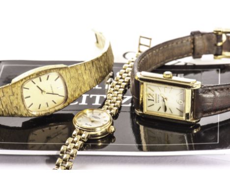 A group of lady’s watches, including a 9ct gold Rotary example, approx 13.8g, a gold plated Longines manual wind lady’s wrist